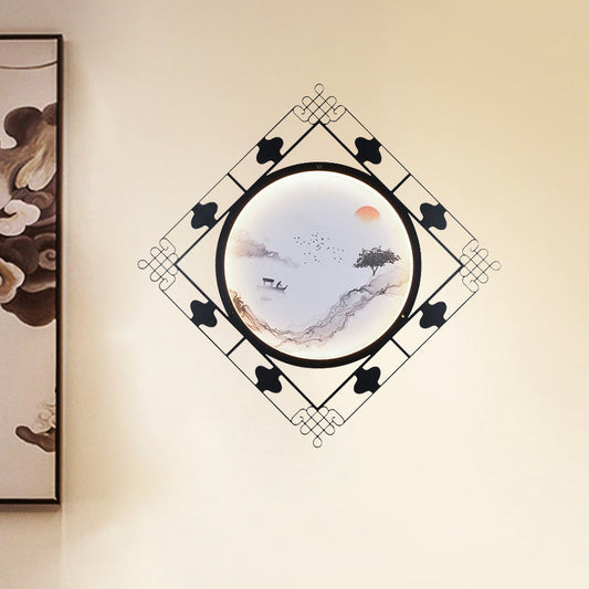 Vivolux | Woonkamer LED Muurverlichting Chinese Zwarte Wandmontage Fixture met Ruitvormig Metalen Frame