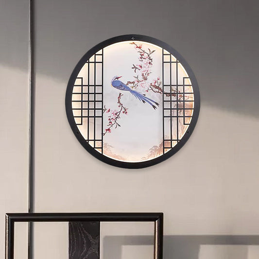 Vivolux | Runde Ultradünne Schlafzimmer Wandkunst Stoff LED Chinesisches Wandgemälde Licht mit Vogel- und Blumenastmuster in Schwarz