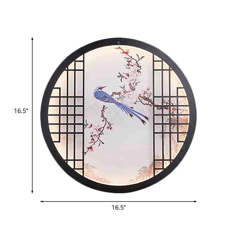 Vivolux | Runde Ultradünne Schlafzimmer Wandkunst Stoff LED Chinesisches Wandgemälde Licht mit Vogel- und Blumenastmuster in Schwarz