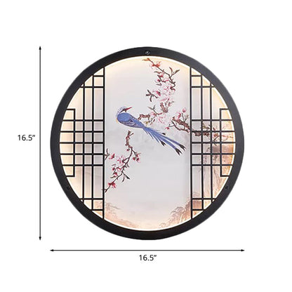 Vivolux | Runde Ultradünne Schlafzimmer Wandkunst Stoff LED Chinesisches Wandgemälde Licht mit Vogel- und Blumenastmuster in Schwarz