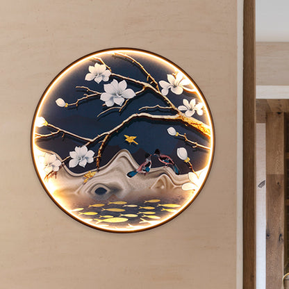 Vivolux | Asiatische Blumen/Vogel Stoff Wandbeleuchtung LED Wandlicht Armatur in Schwarz für das Wohnzimmer