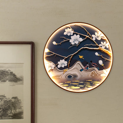 Vivolux | Asiatische Blumen/Vogel Stoff Wandbeleuchtung LED Wandlicht Armatur in Schwarz für das Wohnzimmer