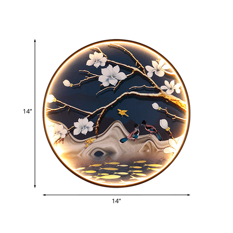 Vivolux | Asiatische Blumen/Vogel Stoff Wandbeleuchtung LED Wandlicht Armatur in Schwarz für das Wohnzimmer