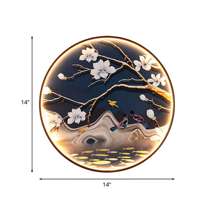 Vivolux | Asiatische Blumen/Vogel Stoff Wandbeleuchtung LED Wandlicht Armatur in Schwarz für das Wohnzimmer