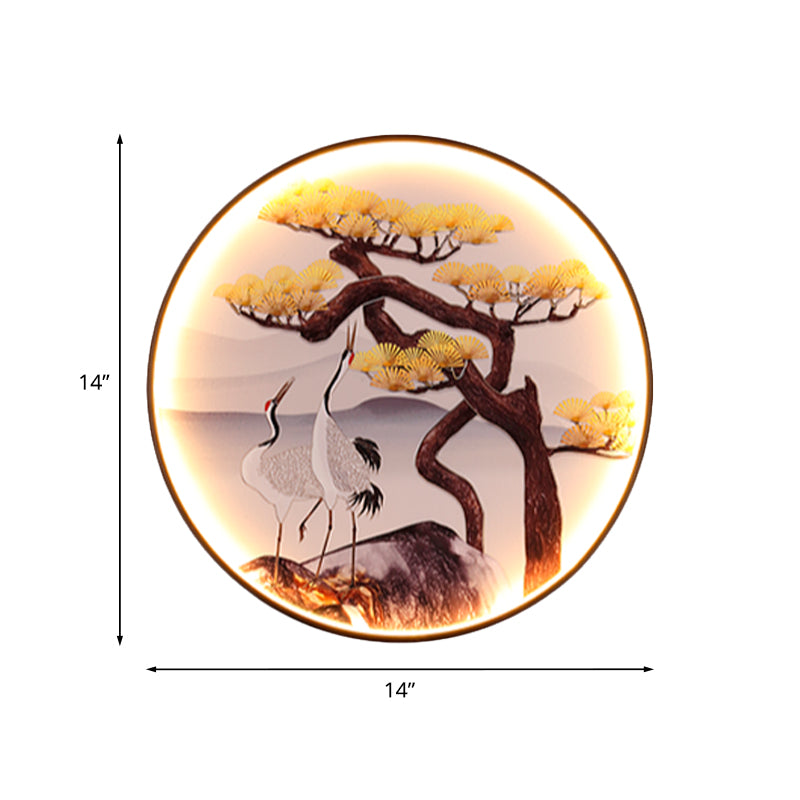 Vivolux | Asien LED Wandlicht Schwarzes Halcyon und Kieferbaum/Vogel und Bergmalerei Wandleuchten Ideen mit Stoffschirm