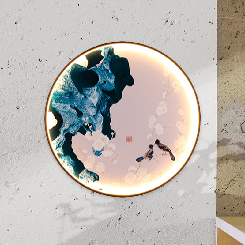 Vivolux | Asien LED Wandlicht Schwarzes Halcyon und Kieferbaum/Vogel und Bergmalerei Wandleuchten Ideen mit Stoffschirm