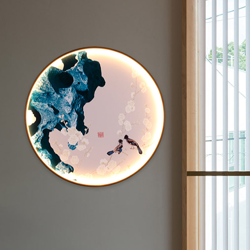 Vivolux | Asien LED Wandlicht Schwarzes Halcyon und Kieferbaum/Vogel und Bergmalerei Wandleuchten Ideen mit Stoffschirm