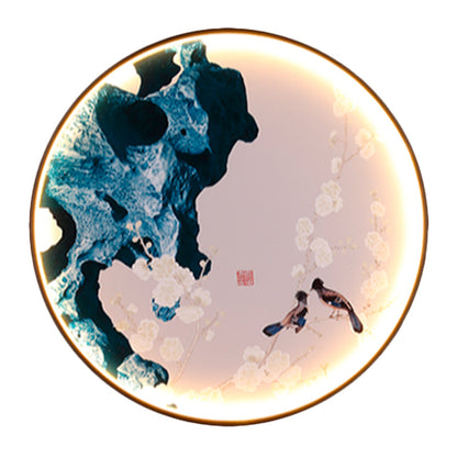 Vivolux | Asien LED Wandlicht Schwarzes Halcyon und Kieferbaum/Vogel und Bergmalerei Wandleuchten Ideen mit Stoffschirm