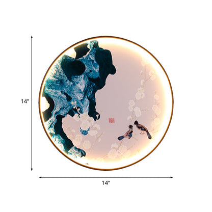 Vivolux | Asien LED Wandlicht Schwarzes Halcyon und Kieferbaum/Vogel und Bergmalerei Wandleuchten Ideen mit Stoffschirm