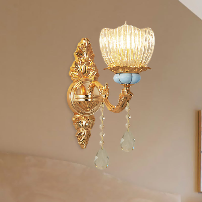 Vivolux | Einstufige gerippte Glas-Wandlampe Retro Gold Blume Schlafzimmer Wandmontage Leuchte