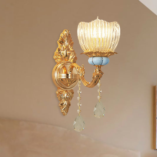 Vivolux | Einstufige gerippte Glas-Wandlampe Retro Gold Blume Schlafzimmer Wandmontage Leuchte