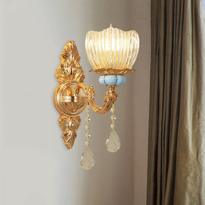 Vivolux | Einstufige gerippte Glas-Wandlampe Retro Gold Blume Schlafzimmer Wandmontage Leuchte