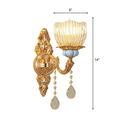 Vivolux | Einstufige gerippte Glas-Wandlampe Retro Gold Blume Schlafzimmer Wandmontage Leuchte