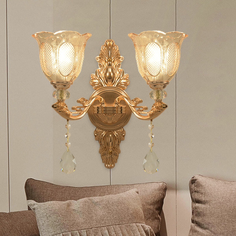 Vivolux | Gouden 1/2-Licht Wandverlichting Platteland Gegraveerd Glas Golfvormige Wandlamp Armatuur