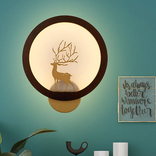 Vivolux | Houten Halo Ring Muurverlichting Hedendaags Zwart/Beige LED Wandlamp met Sika Hert Silhouet