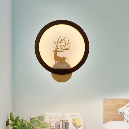 Vivolux | Houten Halo Ring Muurverlichting Hedendaags Zwart/Beige LED Wandlamp met Sika Hert Silhouet