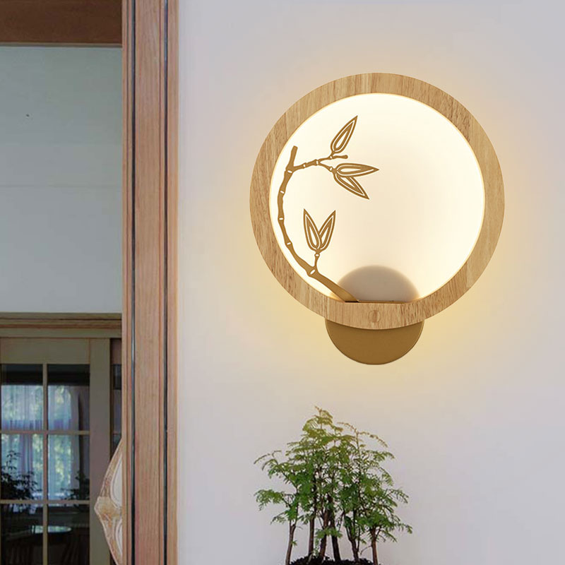 Vivolux | Zwart/Beige Bamboeblad Muur Lamp Chinese Stijl Houten LED Wandmontage Verlichtingsarmatuur voor Slaapkamer