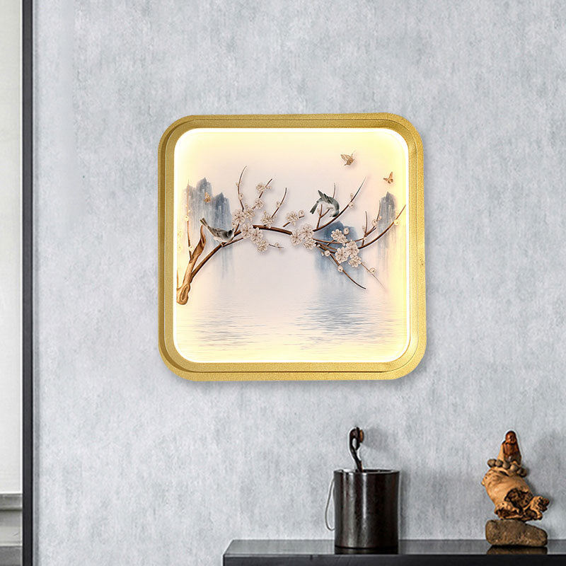 Vivolux | Asia LED Wandmontage Muurverlichting Goud/Khaki Meer en Bloem Tak Schilderij Wandlamp met Stof Schaduw