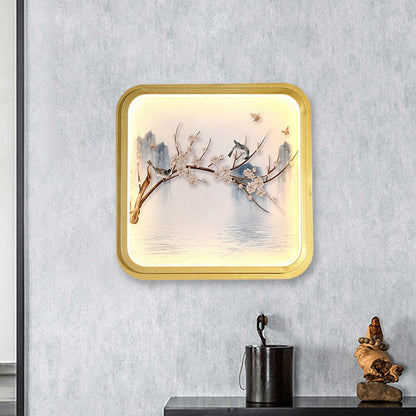 Vivolux | Asia LED Wandmontage Muurverlichting Goud/Khaki Meer en Bloem Tak Schilderij Wandlamp met Stof Schaduw