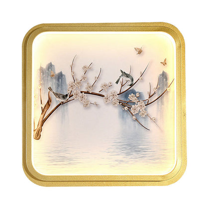 Vivolux | Asia LED Wandmontage Muurverlichting Goud/Khaki Meer en Bloem Tak Schilderij Wandlamp met Stof Schaduw