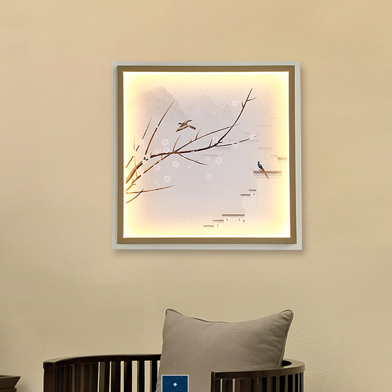 Vivolux | Asia LED Wandmontage Muurverlichting Goud/Khaki Meer en Bloem Tak Schilderij Wandlamp met Stof Schaduw