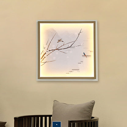 Vivolux | Asia LED Wandmontage Muurverlichting Goud/Khaki Meer en Bloem Tak Schilderij Wandlamp met Stof Schaduw
