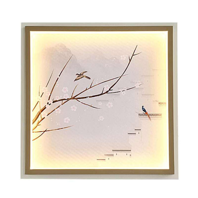 Vivolux | Asia LED Wandmontage Muurverlichting Goud/Khaki Meer en Bloem Tak Schilderij Wandlamp met Stof Schaduw