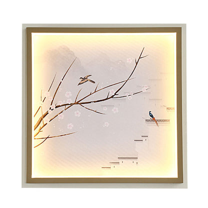 Vivolux | Asia LED Wandmontage Muurverlichting Goud/Khaki Meer en Bloem Tak Schilderij Wandlamp met Stof Schaduw