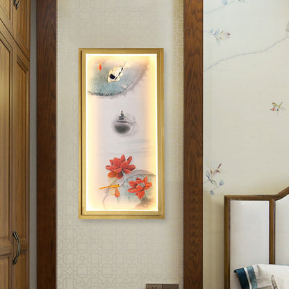Vivolux | Chinesisches Tinte Dorf/ Lotus Wandlampe Stoff Familienzimmer LED Wandmontage Licht in Gold