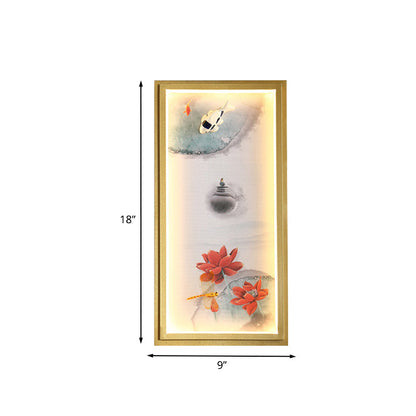 Vivolux | Chinesisches Tinte Dorf/ Lotus Wandlampe Stoff Familienzimmer LED Wandmontage Licht in Gold