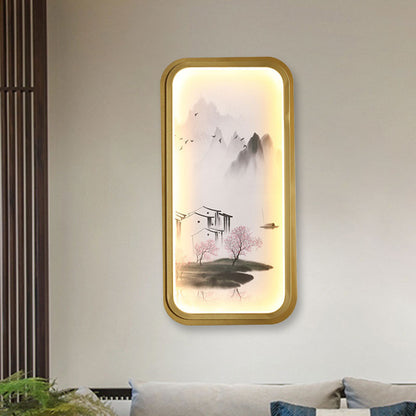 Vivolux | Chinesisches Tinte Dorf/ Lotus Wandlampe Stoff Familienzimmer LED Wandmontage Licht in Gold