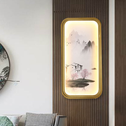 Vivolux | Chinesisches Tinte Dorf/ Lotus Wandlampe Stoff Familienzimmer LED Wandmontage Licht in Gold