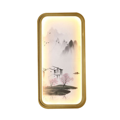 Vivolux | Chinesisches Tinte Dorf/ Lotus Wandlampe Stoff Familienzimmer LED Wandmontage Licht in Gold