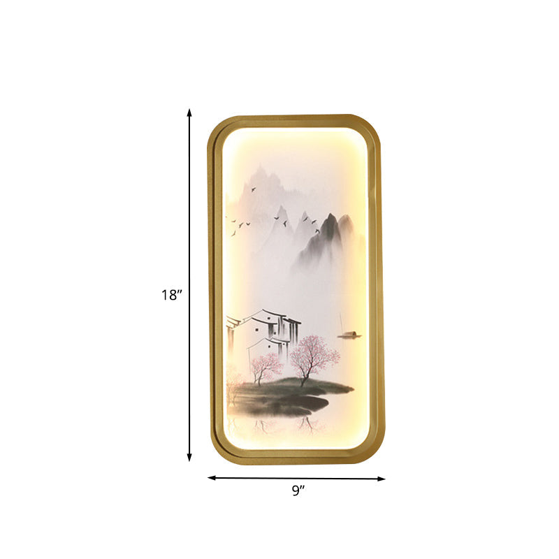 Vivolux | Chinesisches Tinte Dorf/ Lotus Wandlampe Stoff Familienzimmer LED Wandmontage Licht in Gold