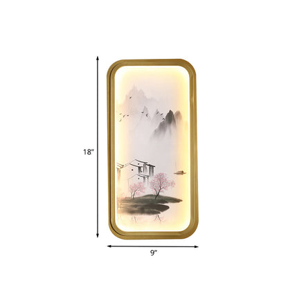 Vivolux | Chinesisches Tinte Dorf/ Lotus Wandlampe Stoff Familienzimmer LED Wandmontage Licht in Gold