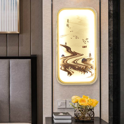 Vivolux | Padtekening Stof Muurschildering Verlichting Aziatisch Gouden LED Wandlampe für Wohnzimmer