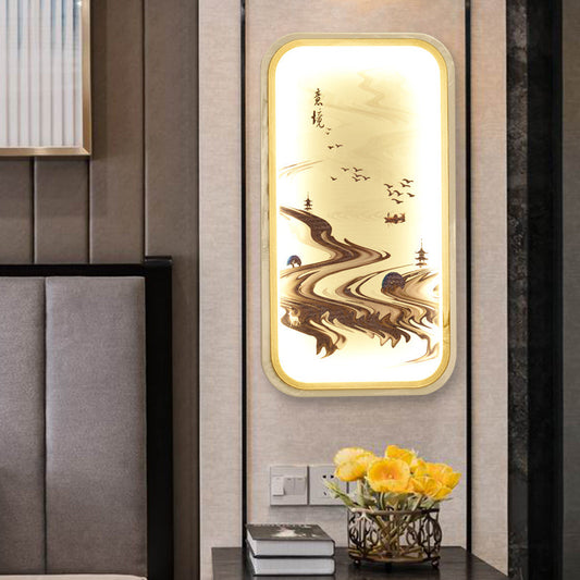 Vivolux | Padtekening Stof Muurschildering Verlichting Aziatisch Gouden LED Wandlampe für Wohnzimmer