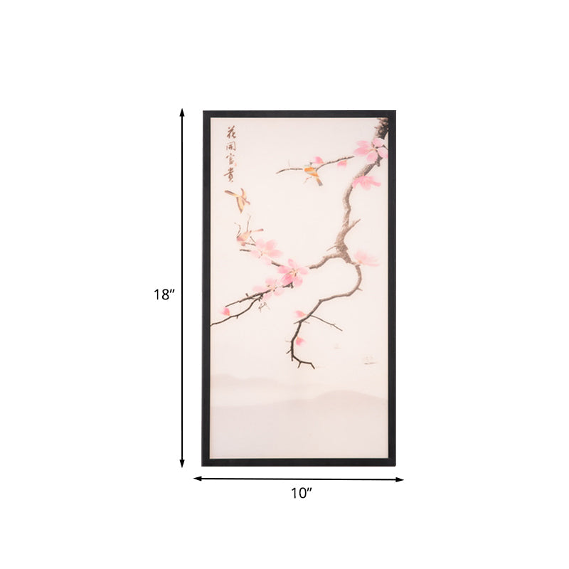 Vivolux | Asiatische Stil LED Wandmontage Wandlicht Schwarzer Vogel und Pfirsichblüte Gemälde Wandleuchte mit Stoffschirm, 18 "/29,5" H