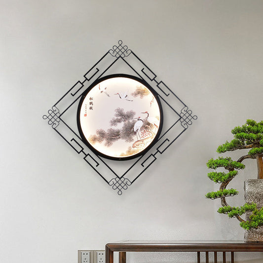 Vivolux | Asien Halcyon Tintenmalerei Wandgemälde Lampe Stoff Wohnzimmer LED Wandbeleuchtung Leuchte in Schwarz