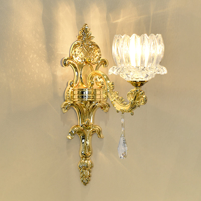Vivolux | Klarer Kristall Gold Wandmontage Licht Lotus Schirm 1/2-Kopf Mid-Century Wandlampe Wandleuchte