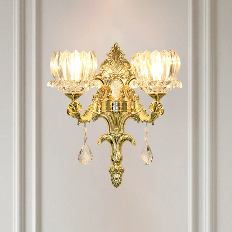 Vivolux | Klarer Kristall Gold Wandmontage Licht Lotus Schirm 1/2-Kopf Mid-Century Wandlampe Wandleuchte