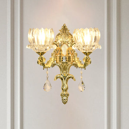 Vivolux | Klarer Kristall Gold Wandmontage Licht Lotus Schirm 1/2-Kopf Mid-Century Wandlampe Wandleuchte