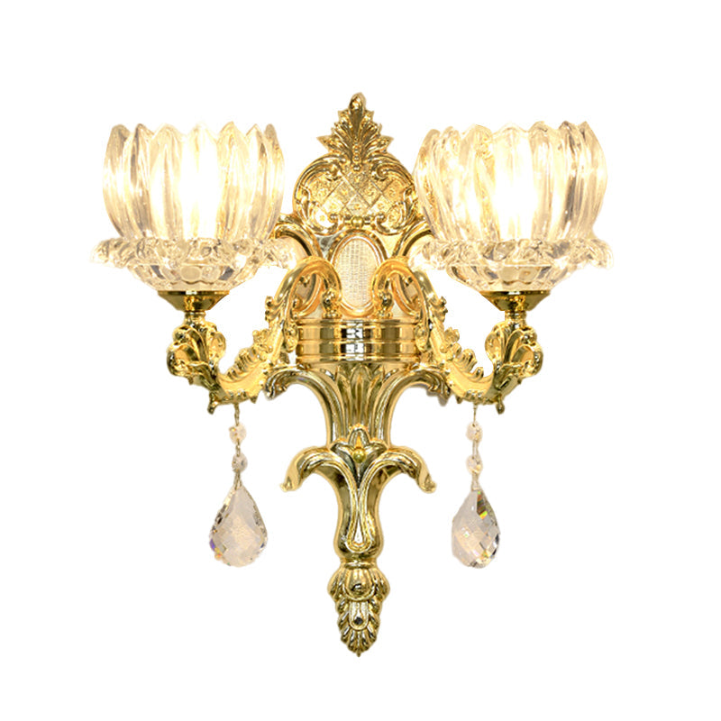 Vivolux | Klarer Kristall Gold Wandmontage Licht Lotus Schirm 1/2-Kopf Mid-Century Wandlampe Wandleuchte