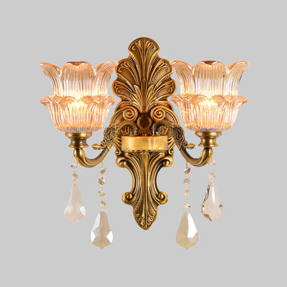 Vivolux | Brass 1/2-Kopf Wandbeleuchtung Mid Century Klare Kristallglas Blumen Schirm Wandlampe