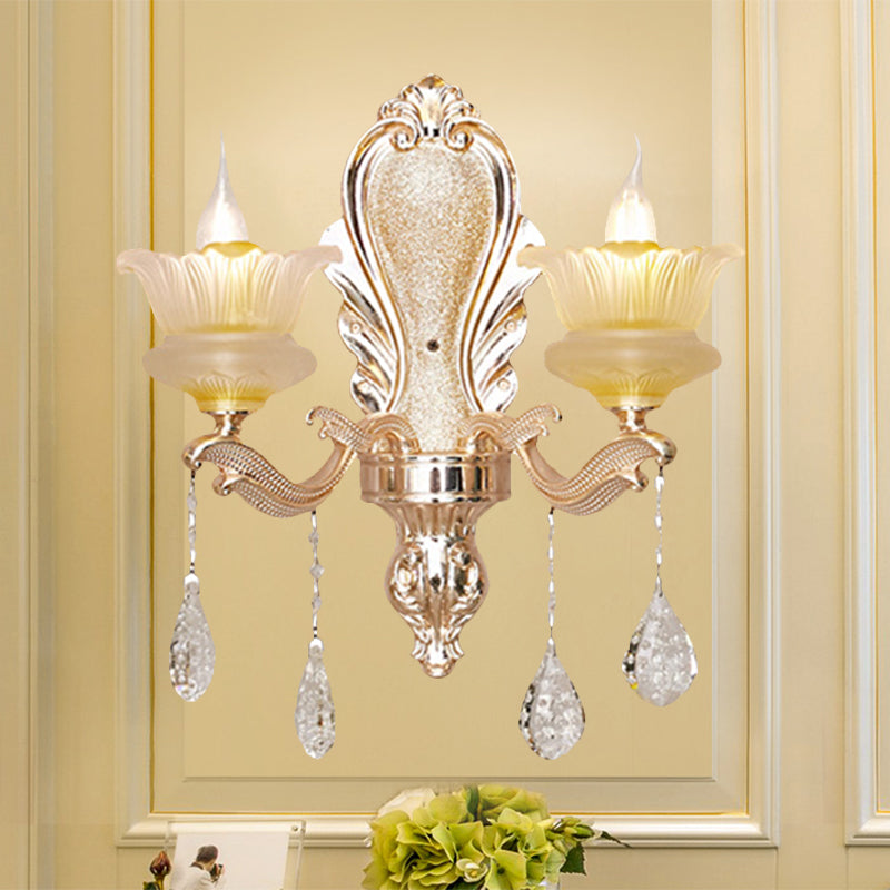 Vivolux | Geribbelde Glazen Bloemenkap Wandlamp Midden Eeuw 2 Lichten Binnen Wandgemonteerde Verlichting in Goud