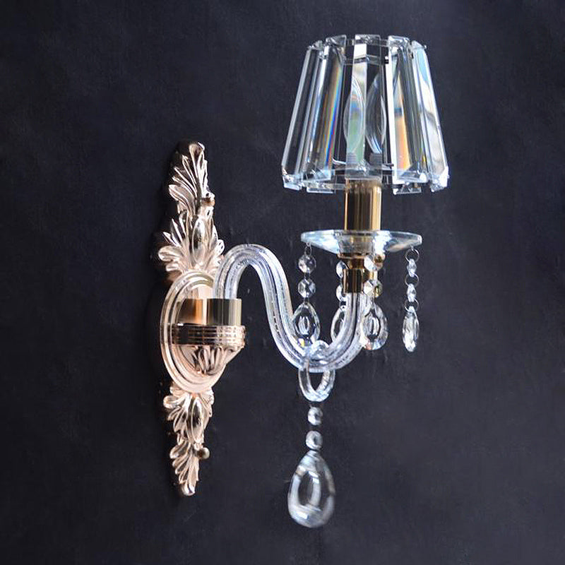 Vivolux | Klar Prismen Kristall Kegel Wandleuchte Vintage 1 Glühbirne Familienzimmer Wandleuchte mit gebogenem Glasarm