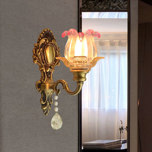 Vivolux | Retro Flower Wandverlichting Ideeën 1 Gloeilamp Roze-Doorzichtig Vervagend Glas Wandlamp in Messing