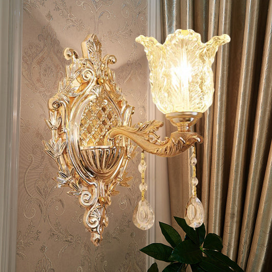 Vivolux | Einzelne Rüsche Glas Wandlampe Traditioneller Gold Floral Schirm Schlafzimmer Wandmontierte Lampe