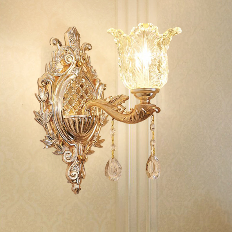 Vivolux | Einzelne Rüsche Glas Wandlampe Traditioneller Gold Floral Schirm Schlafzimmer Wandmontierte Lampe