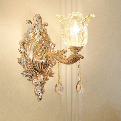 Vivolux | Einzelne Rüsche Glas Wandlampe Traditioneller Gold Floral Schirm Schlafzimmer Wandmontierte Lampe